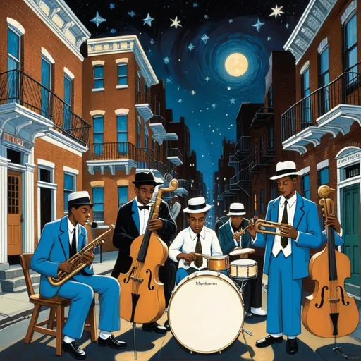 Prompt: a group of men playing instruments in a street at night with buildings in the background and stars in the sky, Art Spiegelman, harlem renaissance, detailed illustration, an ultrafine detailed painting Balck in white