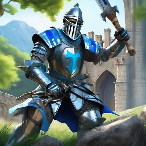 Prompt: (knights wielding Makita power tools), (medieval setting), detailed armor with blue and white stripes, vibrant electric blue and cool gray tones, dramatic lighting casting long shadows, ornate background of stone castles and lush green landscapes, ultra-detailed, dynamic action poses revealing tools in use, engaging and energetic atmosphere, high-quality 4K resolution.