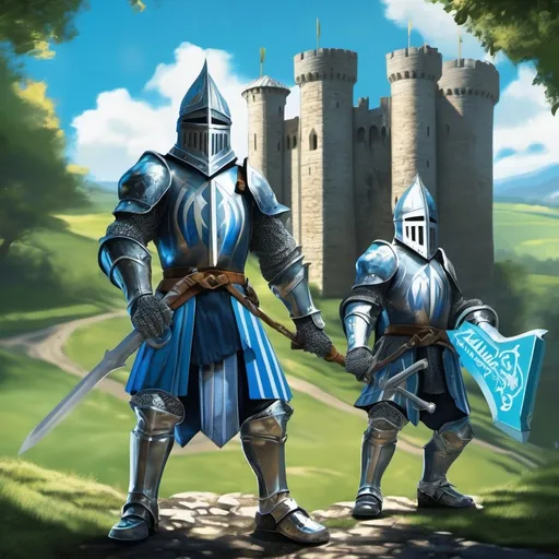 Prompt: (knights wielding Makita power tools), (medieval setting), detailed armor with blue and white stripes, vibrant electric blue and cool gray tones, dramatic lighting casting long shadows, ornate background of stone castles and lush green landscapes, ultra-detailed, dynamic action poses revealing tools in use, engaging and energetic atmosphere, high-quality 4K resolution.