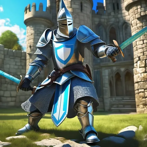 Prompt: (knights wielding Makita power tools), (medieval setting), detailed armor with blue and white stripes, vibrant electric blue and cool gray tones, dramatic lighting casting long shadows, ornate background of stone castles and lush green landscapes, ultra-detailed, dynamic action poses revealing tools in use, engaging and energetic atmosphere, high-quality 4K resolution.