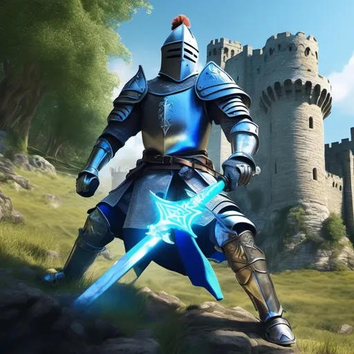 Prompt: (knights wielding Makita power tools), (medieval setting), detailed armor with blue and white stripes, vibrant electric blue and cool gray tones, dramatic lighting casting long shadows, ornate background of stone castles and lush green landscapes, ultra-detailed, dynamic action poses revealing tools in use, engaging and energetic atmosphere, high-quality 4K resolution.