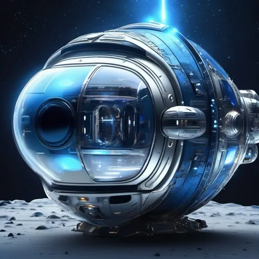 Prompt: (Capsula del tempo spacecraft), futuristic design, sleek metallic finish, under a starry cosmic backdrop, vibrant shades of blue and silver, high-tech atmosphere, (ultra-detailed), illuminated by soft glowing lights, emphasizing isolation in vast space, capturing the essence of time travel, (4K richness), with intricate paneling details and thrusters visible.