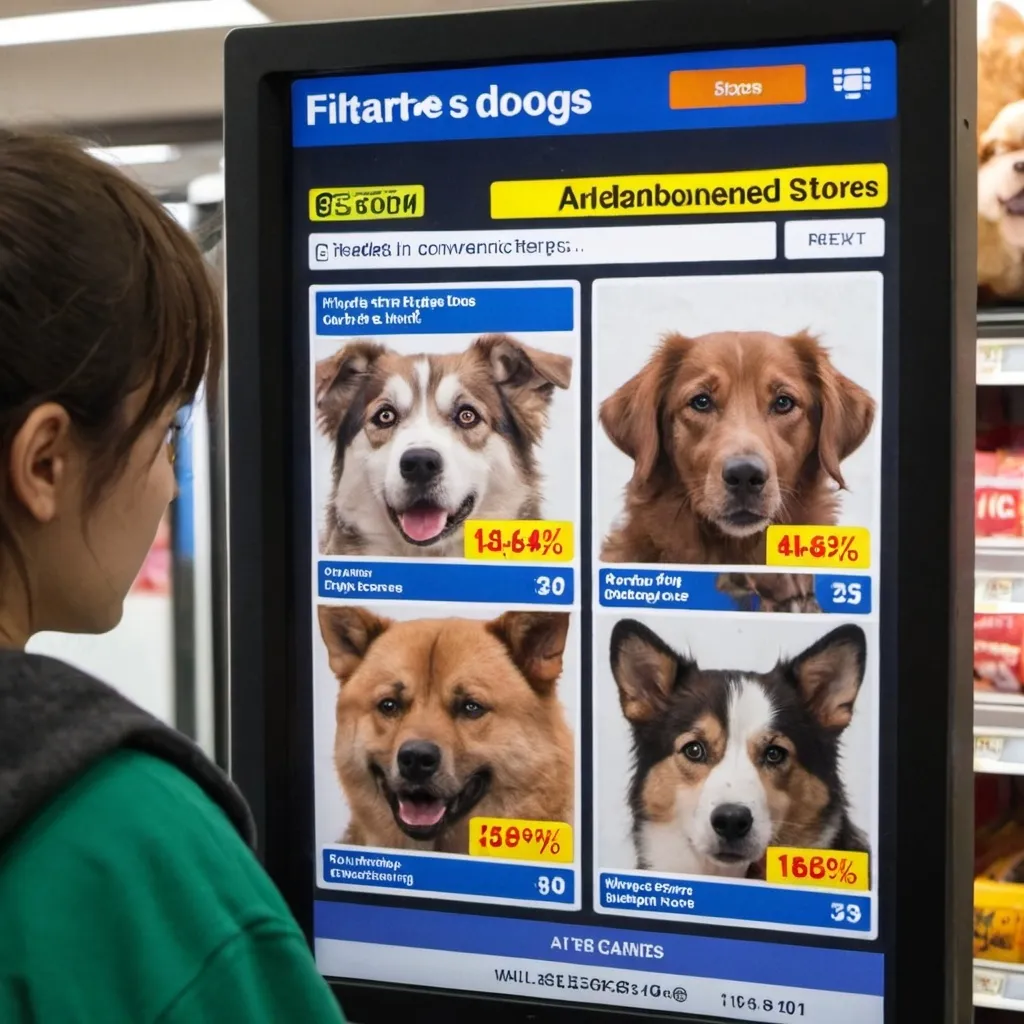 Prompt: A person looking at a screen promoting abandoned dogs at a convenience store