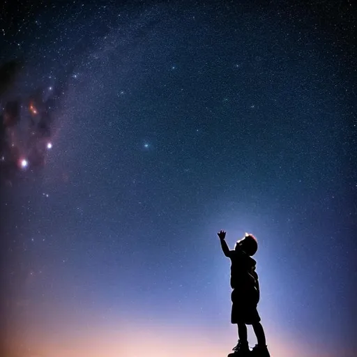 Prompt: A starfilled night sky with a little boy looking up in wonder