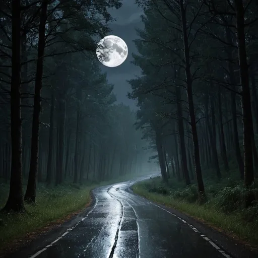 Prompt: Dark forest road moon rain