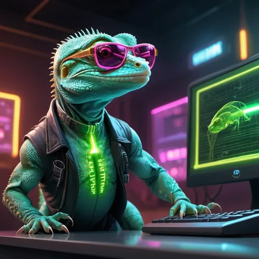 Prompt: A funny and happy hyper-realistic futuristic lizard, with a human appearance, full body standing and typing on a quantum computer, the lizard is a hacker, it has a cyberpunk style. In the background of the scene you can see laser rays, neon lights, the lizard sometimes wears a cap and Ray-Ban aviator glasses.