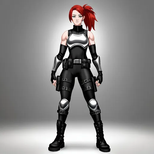 Prompt: Athletic woman with (grey eyes) and (red hair), 6'5" tall, 200 lbs, wearing a stylish (black mock neck sleeveless unitard with pockets) paired with (arm sleeves). She dons a striking (white tungsten breastplate) with (silver accents) and accessories including a (utility belt), (thigh holster), and (combat boots). Completing the look is a mysterious (Kitsune Mask), set against a dramatic and dynamic backdrop, emphasizing strength and confidence. Ultra-detailed, HD.