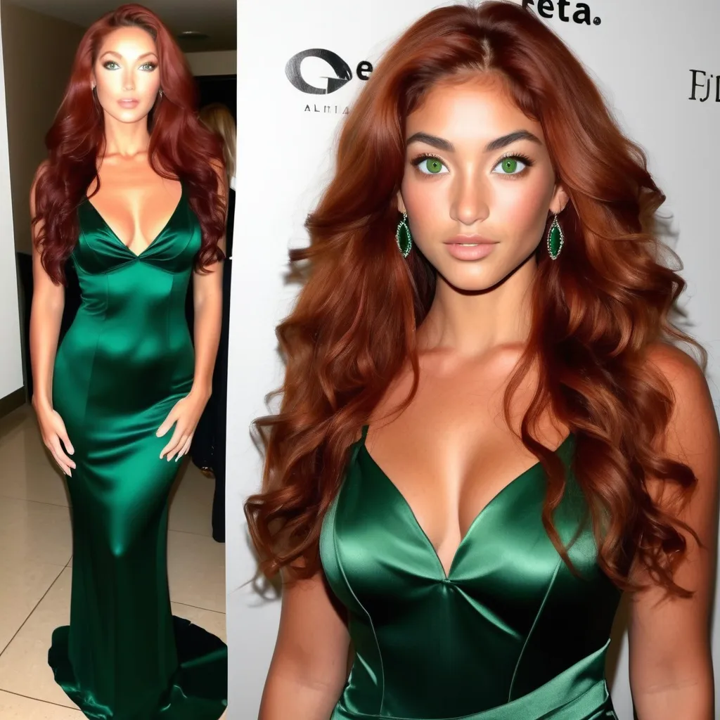 Prompt: She is a multiracial woman of Dutch, Persian, and Japanese origin. She has grey eyes and long, wavy red hair with an olive skin tone. She is six foot five tall and 200 lbs with an athletic build. She has Breathtakingly Gorgeous features. She is also attending a random charity gala while wearing an emerald green Satin slip dress that is paired with stiletto heels and a matching clutch.