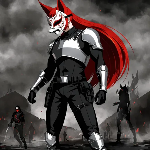 Prompt: (central character) tall man with grey eyes and striking red hair, athletic build, (dressed in) black mock neck sleeveless unitard with pockets, arm sleeves, white tungsten breastplate with bracers, silver accents, (accessorized) with a blindfold, Kitsune mask, utility belt, thigh holster, combat boots, (mood) dramatic and intense, atmospheric lighting, (quality) ultra-detailed, HD setting.