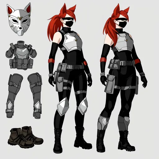 Prompt: athletic woman with (grey eyes) and (red hair), (6'5" tall), (200 lbs), (wearing black mock neck sleeveless unitard with pockets), (arm sleeves), (white tungsten breastplate with silver accents), (bracers), (Utility Belt), (Thigh Holster), (combat boots), (blindfold), (Kitsune Mask), atmospheric dramatic lighting, strong and empowering, ultra-detailed, dynamic composition, striking pose.