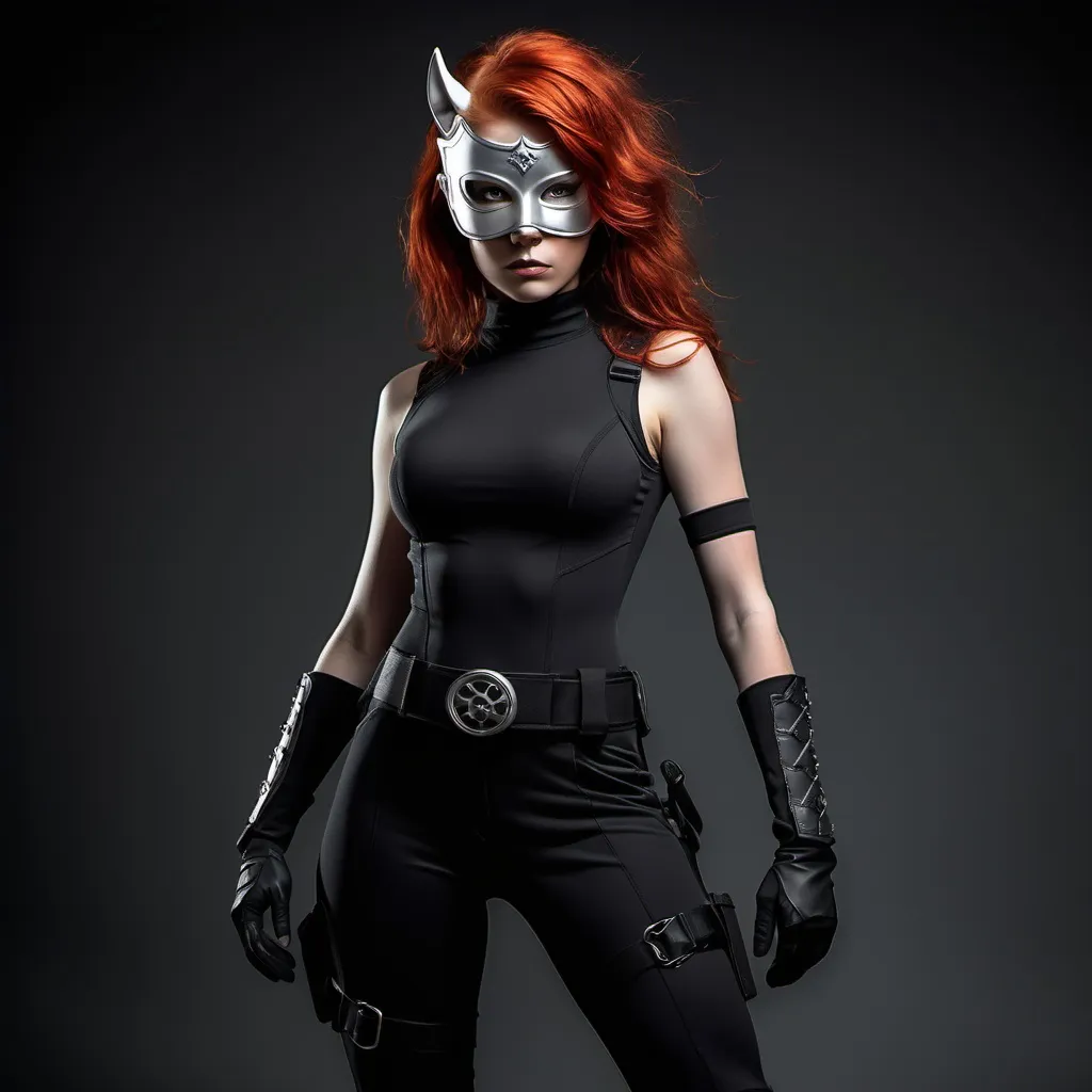 Prompt: Heroic figure (female), 6'5" tall, athletic build, striking grey eyes, fiery red hair, posed confidently, wearing a black mock neck sleeveless unitard with pockets, arm sleeves, white tungsten breastplate with silver accents, Kitsune mask and blindfold, utility belt, thigh holster, rugged combat boots, cinematic lighting, edgy atmosphere, ultra-detailed, high quality.