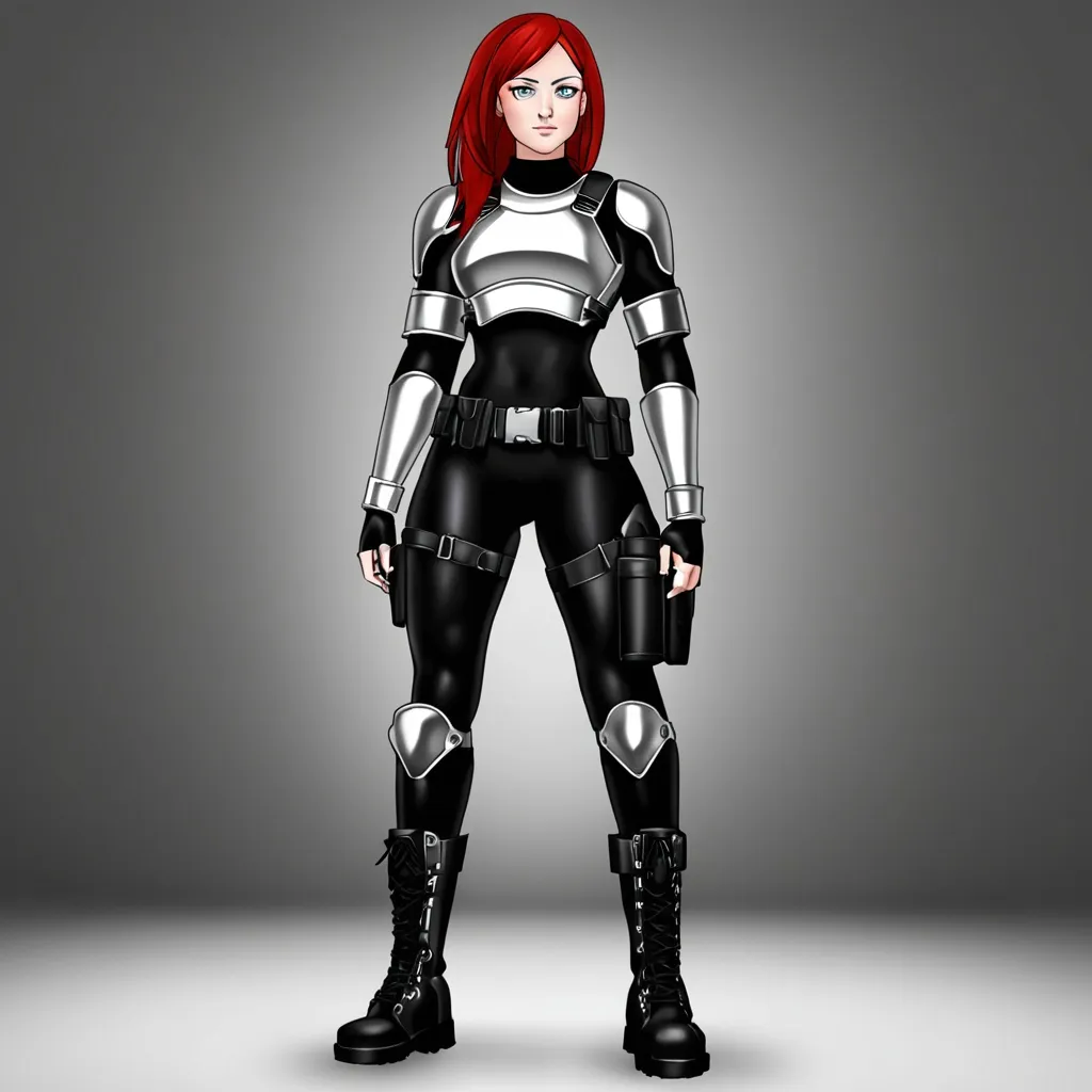 Prompt: Athletic woman with (grey eyes) and (red hair), 6'5" tall, 200 lbs, wearing a stylish (black mock neck sleeveless unitard with pockets) paired with (arm sleeves). She dons a striking (white tungsten breastplate) with (silver accents) and accessories including a (utility belt), (thigh holster), and (combat boots). Completing the look is a mysterious (Kitsune Mask), set against a dramatic and dynamic backdrop, emphasizing strength and confidence. Ultra-detailed, HD.