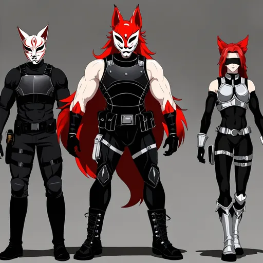 Prompt: (central character) tall man with grey eyes and striking red hair, athletic build, (dressed in) black mock neck sleeveless unitard with pockets, arm sleeves, white tungsten breastplate with bracers, silver accents, (accessorized) with a blindfold, Kitsune mask, utility belt, thigh holster, combat boots, (mood) dramatic and intense, atmospheric lighting, (quality) ultra-detailed, HD setting.