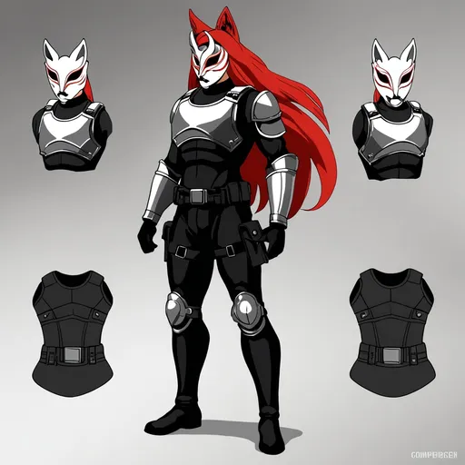 Prompt: Athletic figure (6'5", 200 lbs) with striking grey eyes and vibrant red hair, dressed in a sleek black mock neck sleeveless unitard with pockets, arm sleeves, and a white tungsten breastplate, complemented by silver-accented bracers. Accessories include a dramatic blindfold, Kitsune mask, utility belt, thigh holster, and rugged combat boots, set against a dynamic and gritty urban backdrop, high quality, ultra-detailed.