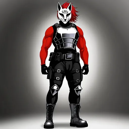 Prompt: Athletic figure with (striking grey eyes) and (vibrant red hair), 6'5", 200 lbs, wearing a sleek black mock neck sleeveless unitard with pockets and arm sleeves, under a stark white tungsten breastplate and bracers with silver accents, adorned with a mysterious blindfold, Kitsune mask, utility belt, thigh holster, and rugged combat boots. Dramatic lighting, high contrast, ultra-detailed, dynamic pose, conveying a fierce, ready-for-action ambiance.