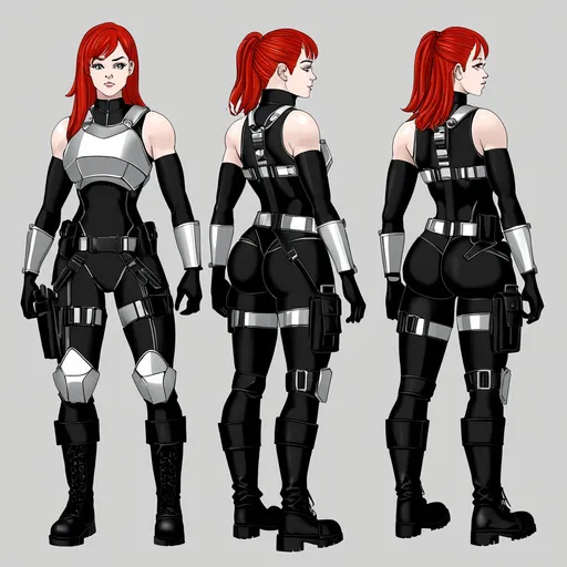 Prompt: Athletic woman with (grey eyes) and (red hair), 6'5" tall, 200 lbs, wearing a stylish (black mock neck sleeveless unitard with pockets) paired with (arm sleeves). She dons a striking (white tungsten breastplate) with (silver accents) and accessories including a (utility belt), (thigh holster), and (combat boots). Completing the look is a mysterious (Kitsune Mask), set against a dramatic and dynamic backdrop, emphasizing strength and confidence. Ultra-detailed, HD.