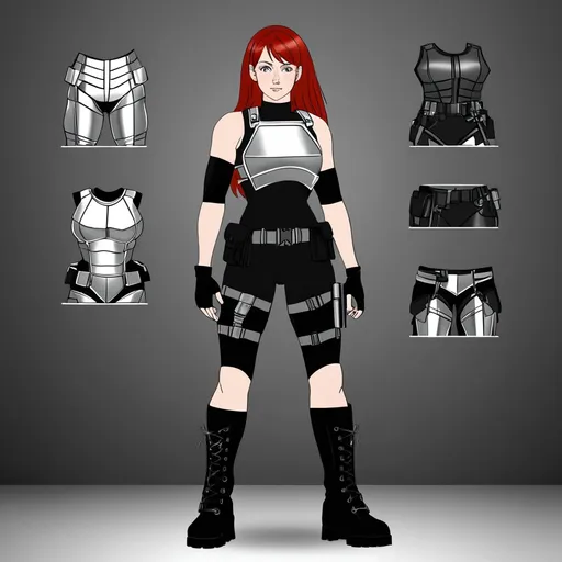 Prompt: Athletic woman with (grey eyes) and (red hair), 6'5" tall, 200 lbs, wearing a stylish (black mock neck sleeveless unitard with pockets) paired with (arm sleeves). She dons a striking (white tungsten breastplate) with (silver accents) and accessories including a (utility belt), (thigh holster), and (combat boots). Completing the look is a mysterious (Kitsune Mask), set against a dramatic and dynamic backdrop, emphasizing strength and confidence. Ultra-detailed, HD.