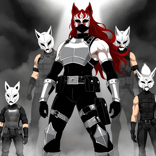 Prompt: (central character) tall man with grey eyes and striking red hair, athletic build, (dressed in) black mock neck sleeveless unitard with pockets, arm sleeves, white tungsten breastplate with bracers, silver accents, (accessorized) with a blindfold, Kitsune mask, utility belt, thigh holster, combat boots, (mood) dramatic and intense, atmospheric lighting, (quality) ultra-detailed, HD setting.