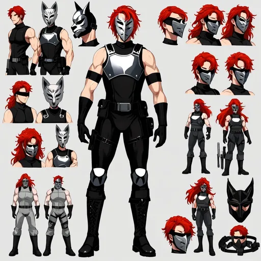 Prompt: (central character) tall man with grey eyes and striking red hair, athletic build, (dressed in) black mock neck sleeveless unitard with pockets, arm sleeves, white tungsten breastplate with bracers, silver accents, (accessorized) with a blindfold, Kitsune mask, utility belt, thigh holster, combat boots, (mood) dramatic and intense, atmospheric lighting, (quality) ultra-detailed, HD setting.