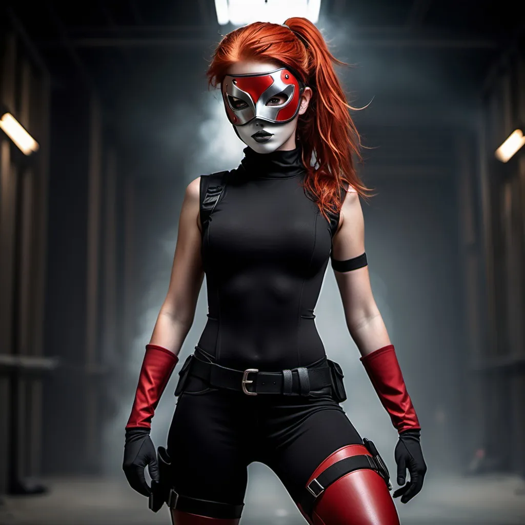 Prompt: Heroic figure (female), 6'5" tall, athletic build, striking grey eyes, fiery red hair, posed confidently, wearing a black mock neck sleeveless unitard with pockets, arm sleeves, white tungsten breastplate with silver accents, Kitsune mask and blindfold, utility belt, thigh holster, rugged combat boots, cinematic lighting, edgy atmosphere, ultra-detailed, high quality.