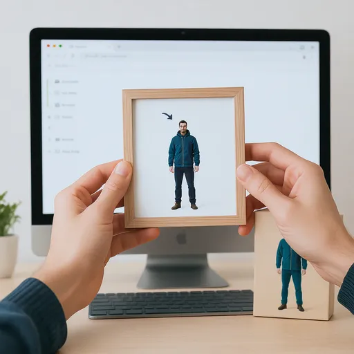 Prompt: Two hands gently pick up the figure in the frame and rotate it sligthly for inspection. The model on the computer screen and the model printed on the packaging box remain stationary, while all other background elements stay unchanged