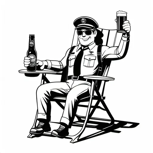 Prompt: pilot flying lawn chair with beer black and white cartoon no background