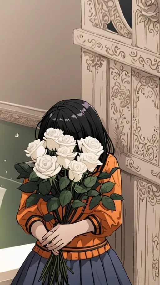 Prompt: anime, girl, detailed,white roses, black hair, shy, very detailed