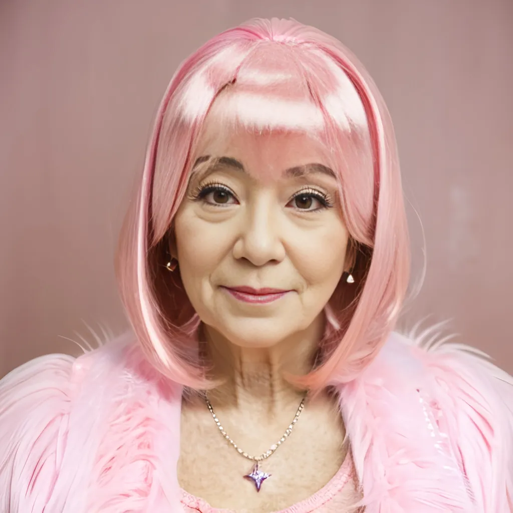 Prompt: an old lady 70 years old thicc in pink wig in pink glittery room 