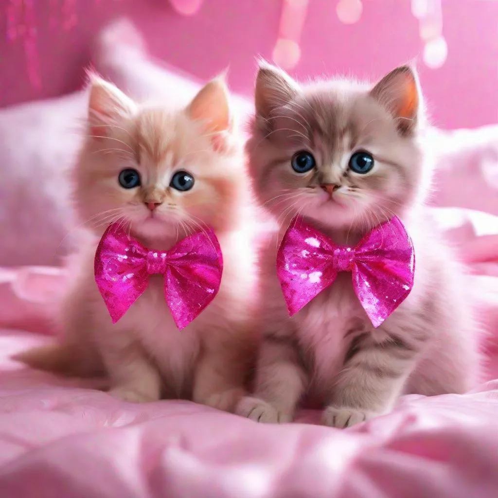 Prompt: two kittys sitting on bed pink glittery bows pink hot pink kawaii art  4k full HD 