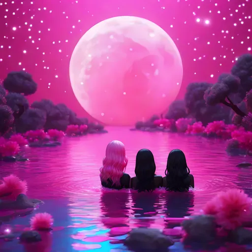 Prompt: two black ladys wigs sitting  in pink glowing glittery water pink kawaii moon  pink glittery bows pink hot pink kawaii art  4k full HD 