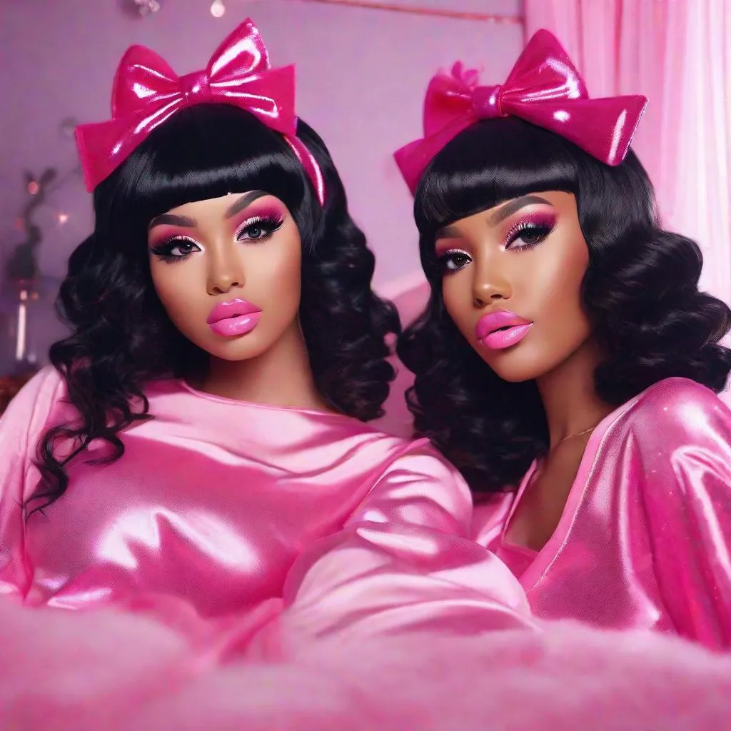 Prompt: two black ladys wigs  sitting on bed pink glittery bows pink hot pink kawaii art  4k full HD 