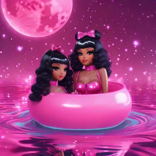 Prompt: two black ladys wigs sitting  in pink glowing glittery water pink kawaii moon  pink glittery bows pink hot pink kawaii art  4k full HD 