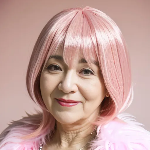 Prompt: an old lady 70 years old thicc in pink wig in pink glittery room 
