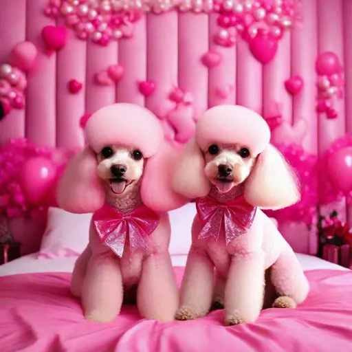 Prompt: two poodles wigs  sitting on bed pink glittery bows pink hot pink kawaii art  4k full HD 