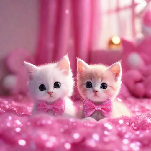 Prompt: two kittys sitting on bed pink glittery bows pink hot pink kawaii art  4k full HD 
