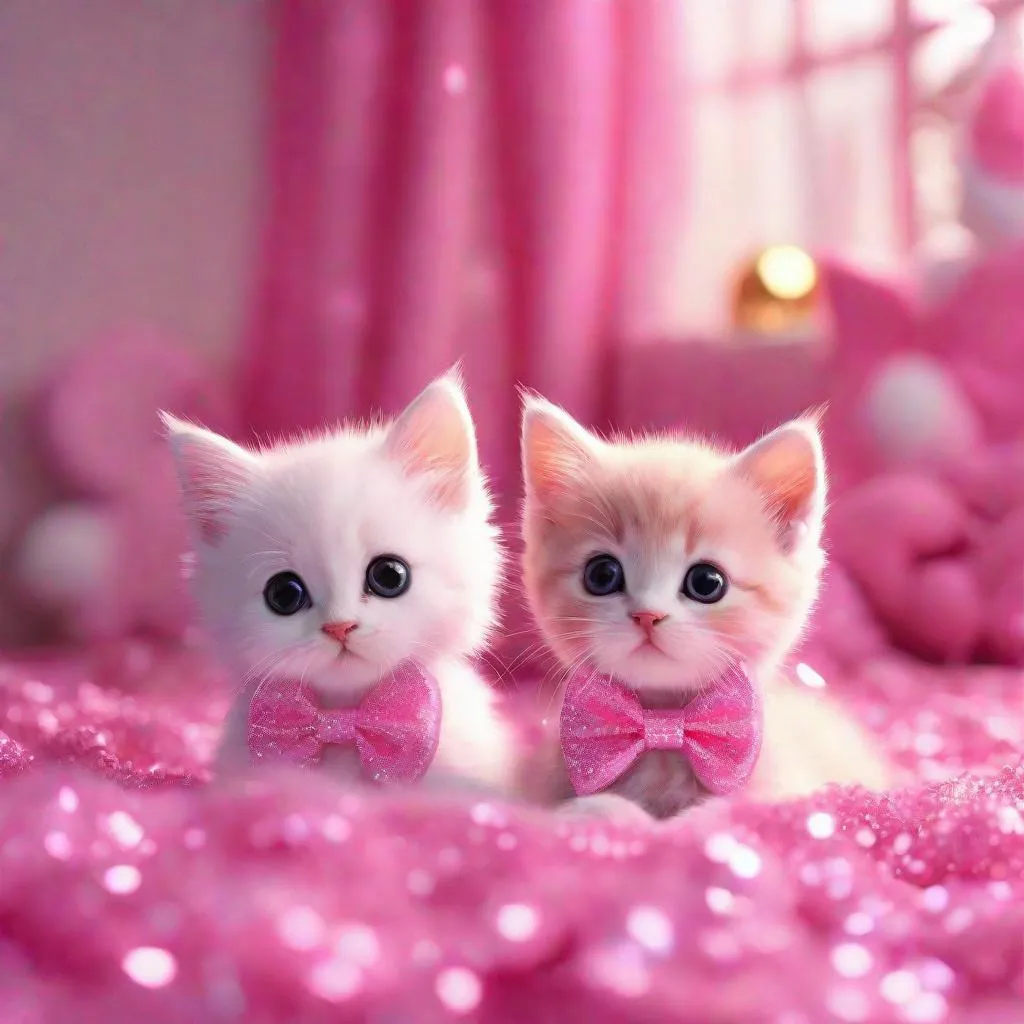 Prompt: two kittys sitting on bed pink glittery bows pink hot pink kawaii art  4k full HD 