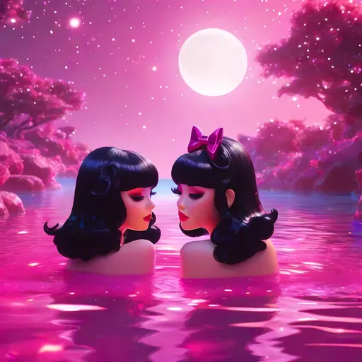 Prompt: two black ladys wigs sitting  in pink glowing glittery water pink kawaii moon  pink glittery bows pink hot pink kawaii art  4k full HD 