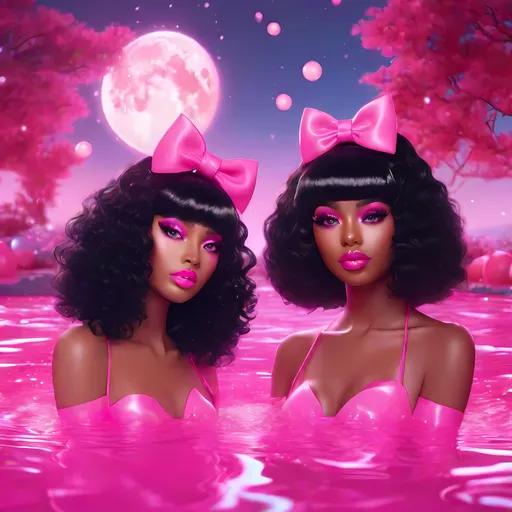 Prompt: two black ladys wigs sitting  in pink glowing glittery water pink kawaii moon  pink glittery bows pink hot pink kawaii art  4k full HD 