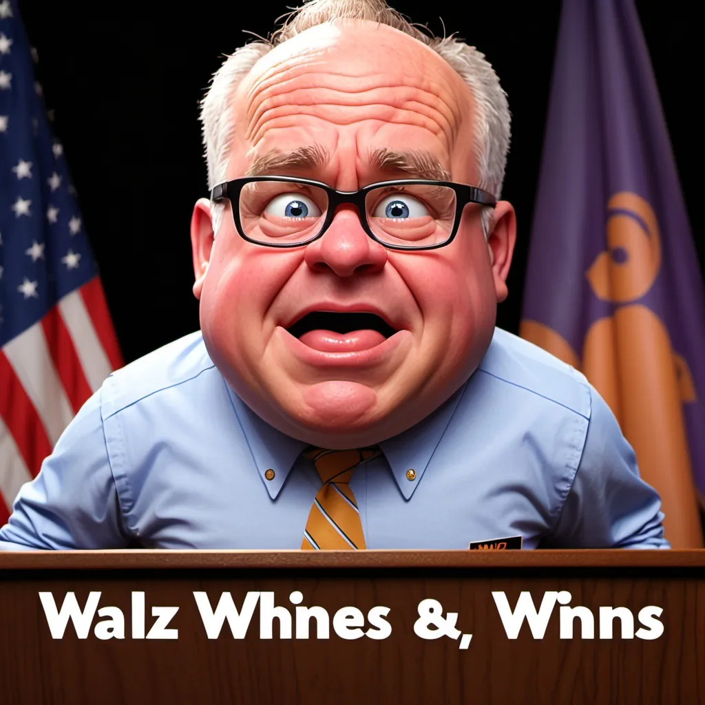 Prompt: Give me a Pixar style image of Tim Walz crying at a podium with the text saying “Walz Whines when Vance Wins!