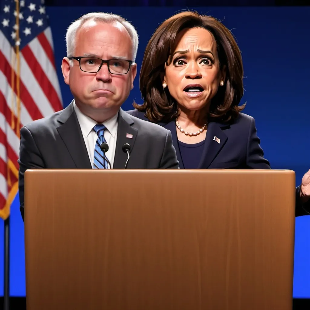 Prompt: Give me an image in the Pixar style of Tim Walz standing behind a debate podium while a frightened Kamala Harris is hiding behind him and peeking over his shoulder.