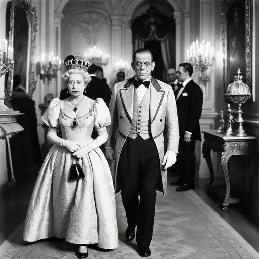 Prompt: Lon Chaney walking with the queen in baroque style