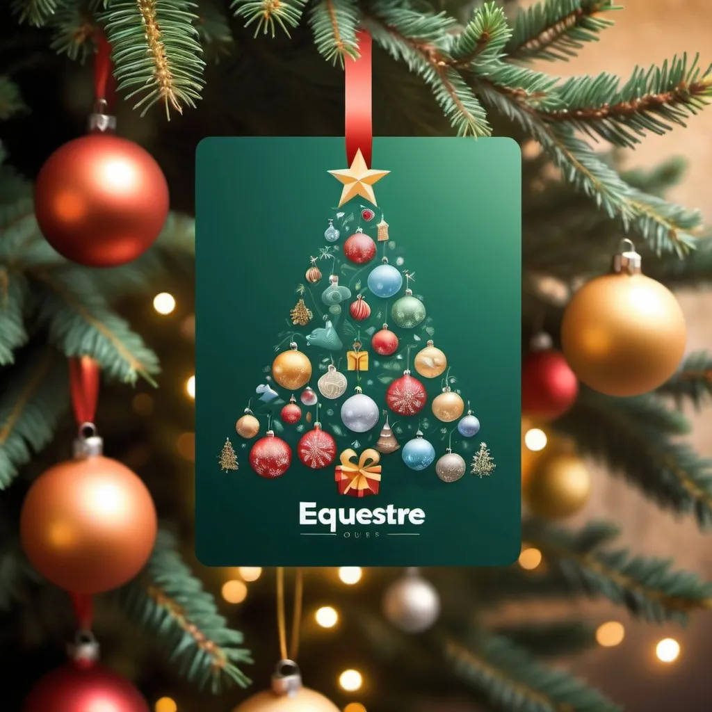 Prompt: Create an image of a Christmas tree where the ornaments are gift cards from Equestre tour (a regular travel agency), and make sure the text 'Equestre our' is clearly visible on the gift cards.