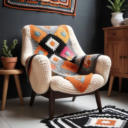 Prompt: Modern armchair with crochet granny blanket, soft colors, textile studio background, cozy atmosphere, high quality, detailed stitching, warm tones, soft lighting, crochet, cozy, textile studio, detailed, modern armchair, warm atmosphere, andean craft, black and white, peruvian, geometrics grannies, andean