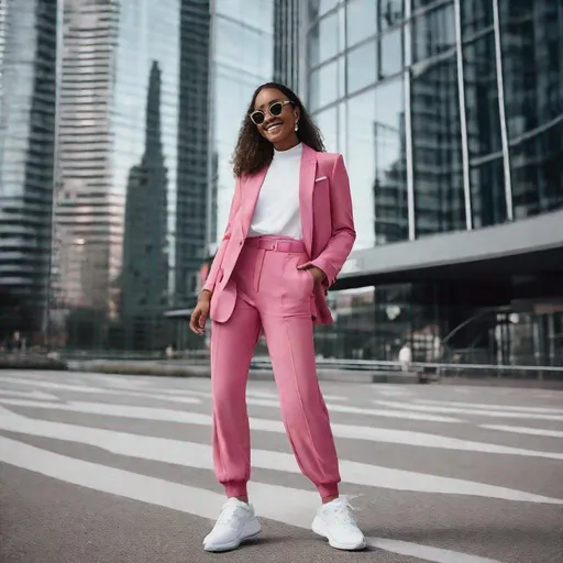 Prompt: Fashion editorial, beautiful happy smiling young women wearing pink suits rug style with big glasses, wearing the newest model white Nike sneakers, surrounded by big high offices buildings on a sunny day, photo from a hasselblad