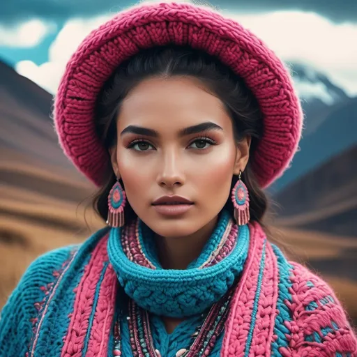 Prompt: Haute couture fashion portrait of an Andean model, knits and crochet, soft colors, surreal landscape background, snapshot aesthetic, luminous skies, mirrored, Fuji film eterna vivid, Zeiss lens, Canon EOS R7, detailed textiles, exquisite craftsmanship, high fashion, professional lighting, dreamlike, detailed facial features, detailed textiles, pink and blues, folk theme