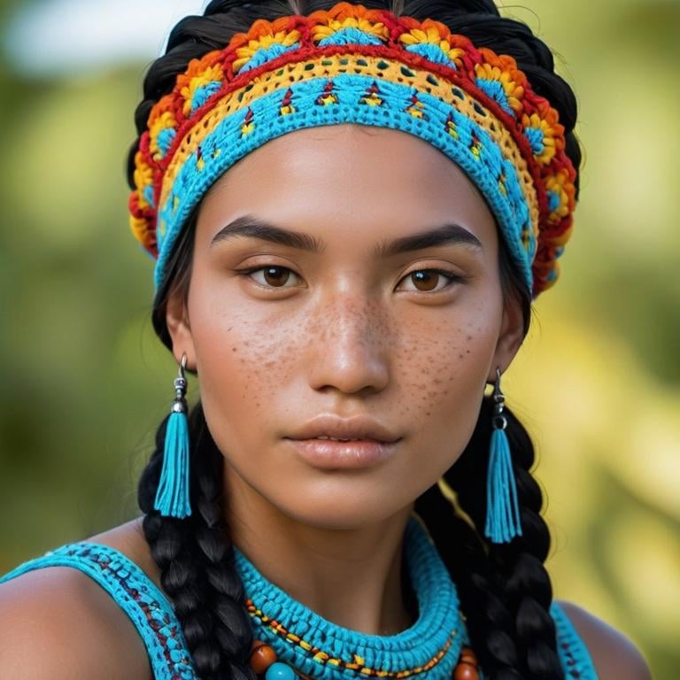 Prompt: indigenous model, freckles, oriental eyes, no make up model, American Indian, indigenous, amazon, native features, indigenous facial features,professional lighting, detailed facial features