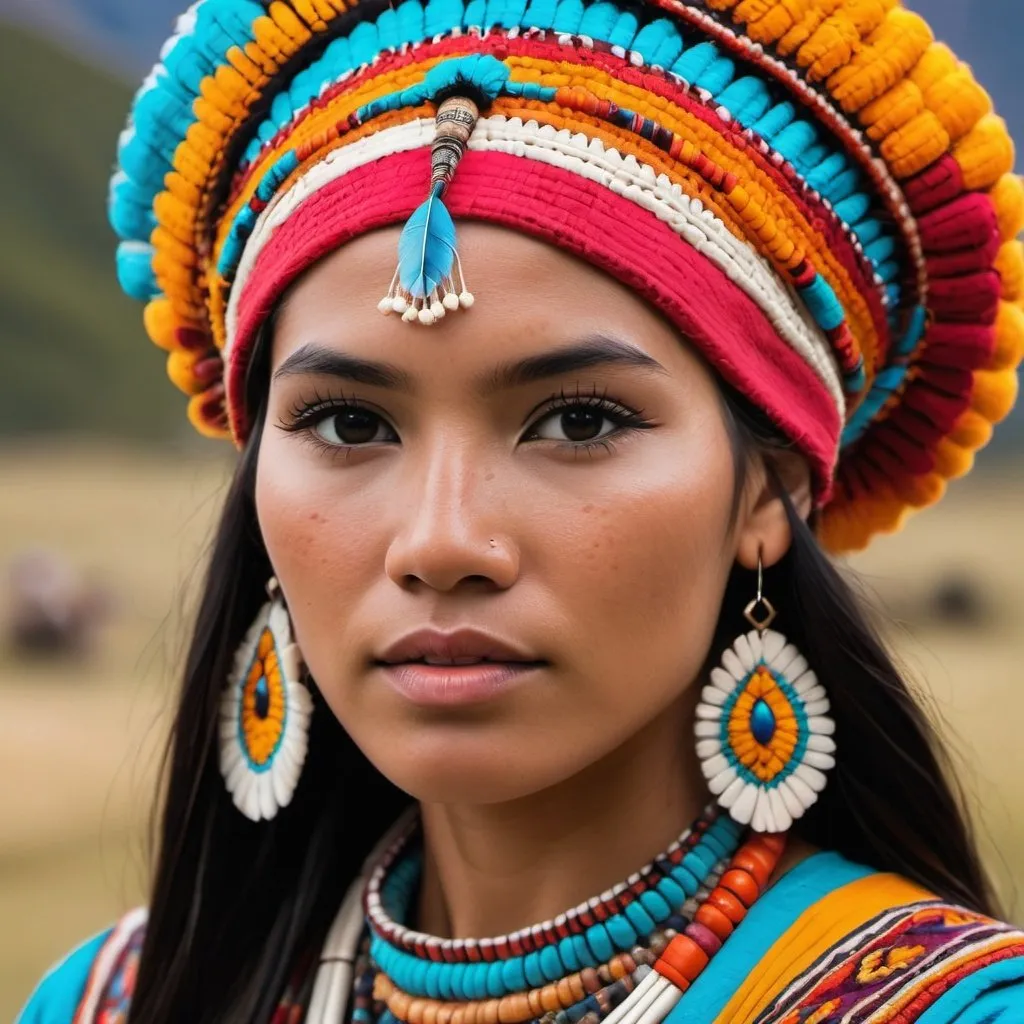 Prompt: Haute couture fashion portrait of an indigenous model, peru, inca, maya, mexico, freckles, slanted eyes, pocahontas, eskimo, oriental, no make up model, American Indian, turban, indigenous, amazon, native features, indigenous facial features, crochet, surreal, Canon EOS R7, detailed textiles, exquisite craftsmanship, professional lighting, dreamlike, detailed facial features, detailed textiles, multicolor, detailed dress