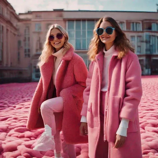 Prompt: Fashion editorial, beautiful happy smiling young women wearing pink rugged coats seventies style with big glasses, wearing the newest model white Nike sneakers, surrounded by surreal rugs on a sunny day, photo from a hasselblad