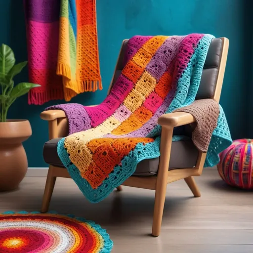 Prompt: Modern armchair with crochet granny blanket, vibrant colors, textile studio background, cozy atmosphere, high quality, detailed stitching, warm tones, soft lighting, crochet, cozy, vibrant colors, textile studio, detailed, modern armchair, warm atmosphere