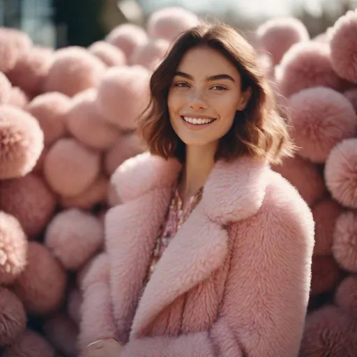 Prompt: Fashion portrait editorial, beautiful happy smiling young woman wearing pink tufted coat, flufy, cozy, soft tones, 
freckles, surrounded by surreal rugs on a sunny day, photo from a hasselblad